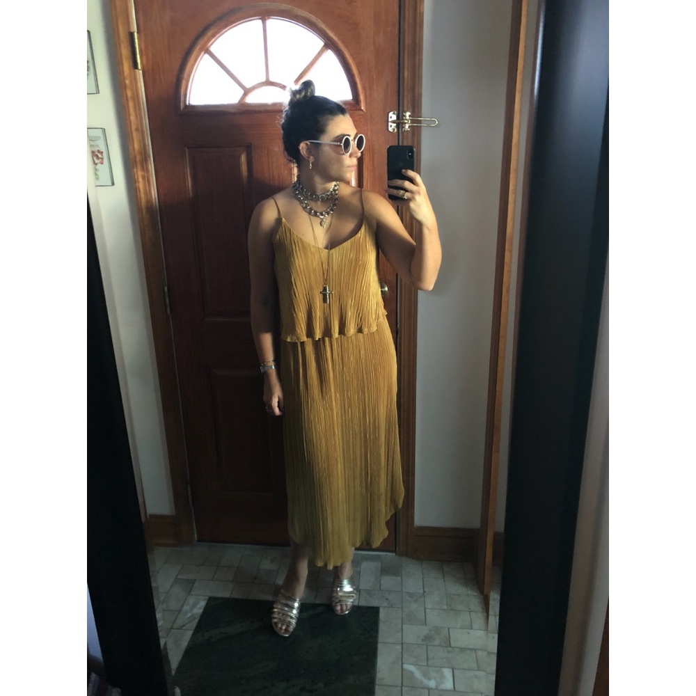 Gold Mustard Plisse Midaxi Dress